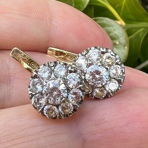 VINTAGE SOLID 14K YELLOW GOLD CZ CLUSTER DROP DANGLE EARRINGS RUSSIAN STYLE LOCK